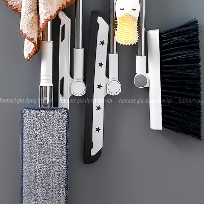 Giá Đỡ Chổi 4 Lỗ Kẹp Cây Lau Nhà 5 Móc Treo Khăn Bàn Chải Cọ Tắm Đa Năng Hamart Dán Tường Siêu Dính