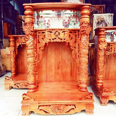 Bàn thờ thần tài ông địa gỗ xoan quỳ trụ điện tử ngang 68 cm - đo