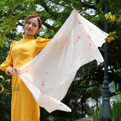 Khăn Lụa Tơ Tằm Vẽ Hoa Đào - SenSilk - Quà Tết Truyền Thống Việt Nam, Phụ Kiện Thời Trang Nữ Cao Cấp 160x55cm, Silk Painting Scarves, Tinh Hoa Làng Nghề, Top Fashionista Scarf For Women 