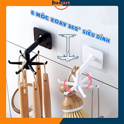 Giá Treo Đồ Nhà Bếp 6 Móc Xoay 360° Treo Dụng Cụ Tắm Đa Năng Kèm Miếng Dán Tường Siêu Dính