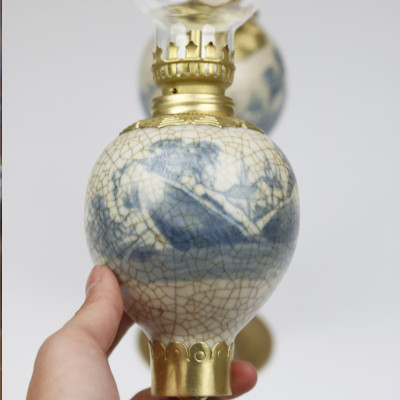 Đèn dầu men rạn Bát Tràng bọc đồng - Dáng Quả Lê 37cm