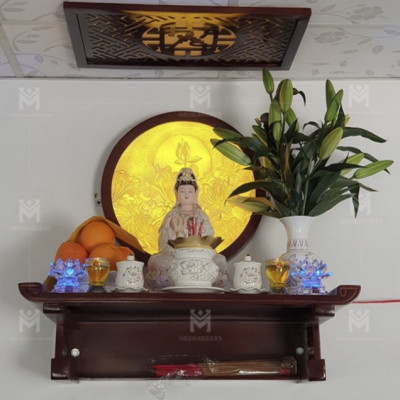 Combo bộ bàn thờ chung cư kt 107cm + ám khói + đèn led ốp hậu bàn thờ 