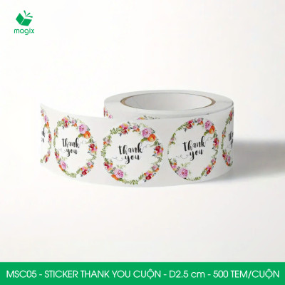 MSC05 - D2.5 cm - 1 Cuộn 500 sticker thank you tròn, nhãn dán thank you, tem dán cảm ơn