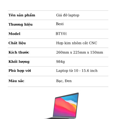 Giá Đỡ Máy Tính Laptop Macbook Besti BTY01 Hợp Kim Nhôm Cao Cấp Giúp Tản Nhiệt Có Thể Tháo Rời - Hàng Chính Hãng 