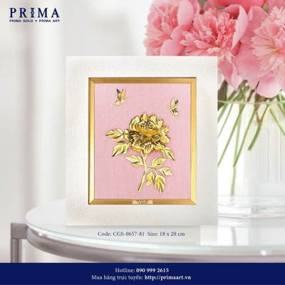Tranh Vàng 24K PRIMA ART - Đôi Bướm và Hoa Mẫu Đơn - BST Luxe - Size 18x20cm - CGS-0657-02
