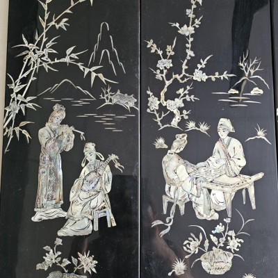 Tranh sơn mài 4 tấm CẦM KÌ THI HỌA, sơn mài xưa, cẩn ốc chìm đẹp 50x80 cm