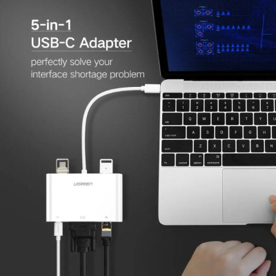 Ugreen UG30439US182TK Bộ chuyển đổi TYPE C sang USB 3.0 + USB 2.0 + VGA + LAN + hỗ trợ nguồn TYPE C - HÀNG CHÍNH HÃNG