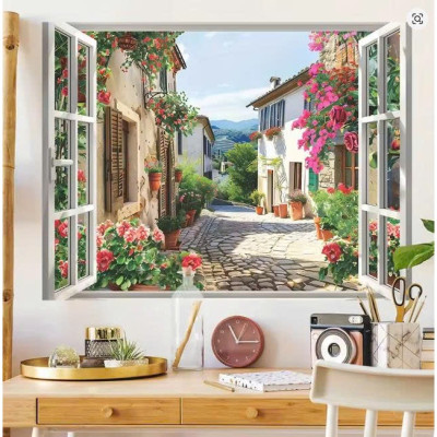 (HCM) tranh dán tường 3d cửa sổ phong cảnh trang trí phòng khách, phòng ngủ có sẵn keo