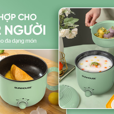 Ca lẩu điện 1.5L Sunhouse SHD4515G - 800W, 4 chức năng, phù hợp cho 1-2 người - Lòng nồi inox, chống dính Flead an toàn - Hàng chính hãng