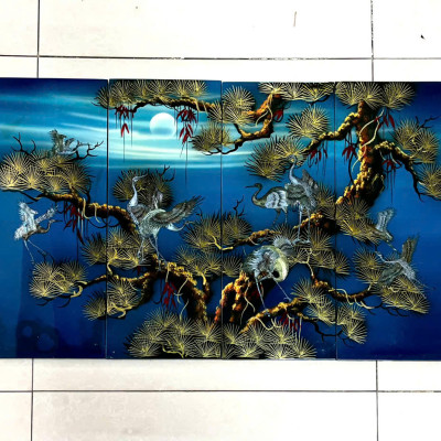 Bộ Tranh sơn mài 4 tấm -TÙNG HẠC DIÊN NIÊN - khảm cừ size 50x80 cm - Ý Nghĩa Phong Thủy
