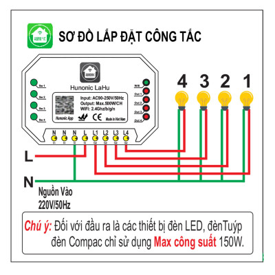 Công tắc thông minh [ĐIỀU KHIỂN TỪ XA] Hunonic Lahu 4 Kênh RTC - Điều khiển qua Wifi, Bluetooth - Hẹn giờ không cần wifi