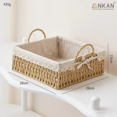 Giỏ Decor Hình Vuông Có Quai Xách – Đan Tay Thủ Công, Lót Vải Hoa Vintage, Trang Trí & Đựng Đồ Đa Năng