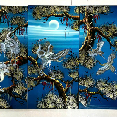 Bộ Tranh sơn mài 4 tấm- TÙNG HẠC DIÊN NIÊN - Khảm cừ size 60x120 cm / hàng cao cấp , xuất khẩu