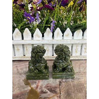 Cặp tượng Kỳ Lân phong thủy đá Seperentine trang trí bàn làm việc - Cao 7cm