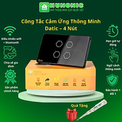 Công Tắc Wifi Hunonic Datic 4 Nút Ấn Chữ Nhật, Bật Tắt Từ Xa Trên Điện Thoại Và Ra Lệnh Giọng Nói