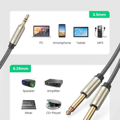 Ugreen UG10613AV126TK 1M màu xám cáp 3.5mm TRS ra 2 cổng 6.35mm TS - HÀNG CHÍNH HÃNG