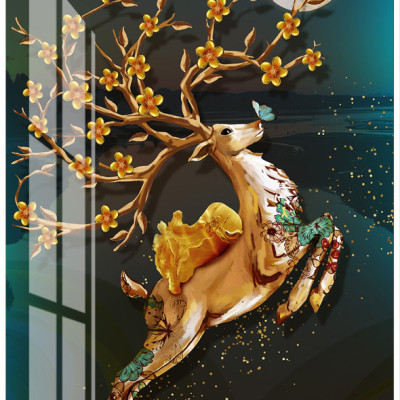 Tranh treo tường phòng khách bóng kiếng pha lê Chú Nai tài lộc nghệ thuật BK_0049