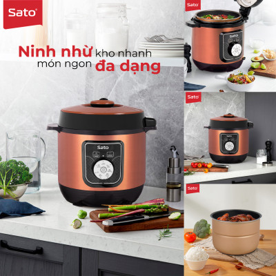 Nồi áp suất đa năng SATO 6AS051.N 6.0L - Nồi áp suất đa chức năng : nấu cơm, nấu cháo, hầm gân, ninh, súp, hấp, giữ ấm ... Dung tích : 6.0 lít phù hợp gia đình 4 - 6 người - Miễn phí vận chuyển toàn quốc - Hàng chính hãng