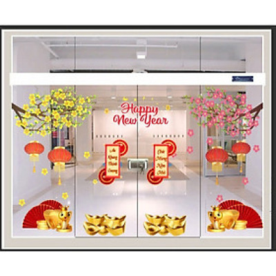 Decal dán kính trang trí tết  Mẫu 6- decal tarng trí cửa kính văn phòng, khách sạn tích hợp sẵn keo(2mx2.5m)
