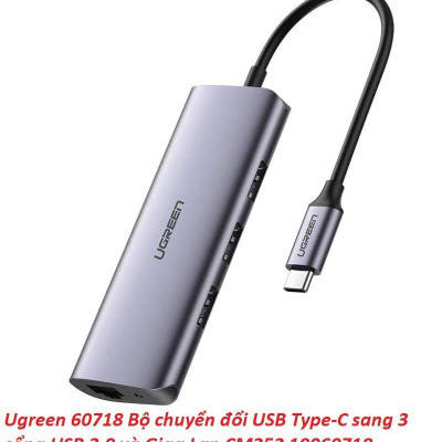 Ugreen UG60718CM252TK USB Type C Bộ chuyển đổi sang 3 cổng USB 3.0 và Giga Lan hỗ trợ nguồn micro usb - HÀNG CHÍNH HÃNG