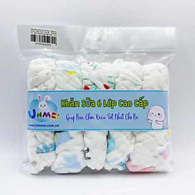 Khăn Sữa Cotton Unmei 6 lớp cho Bé, 30x30cm, Khăn Vải Xô Dày dặn, Thấm Hút Tốt, Màu Trắng Hoa văn ngẫu nhiên