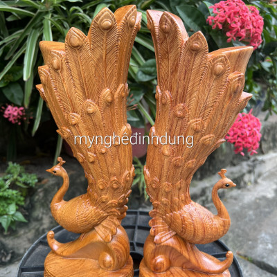 Cặp chim công cắm hoa trang tri phong khách bằng gỗ hương đá đẹp long lạnh kt cao 40×14×12cm 