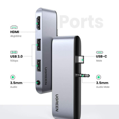 Ugreen UG80332CM349TK 4 trong 1 Sf go 1-2 màu xám bộ chuyển Usb type C ra 2 x usb A 3.0 hub + 4K HDMI + 3.5mm audio - HÀNG CHÍNH HÃNG