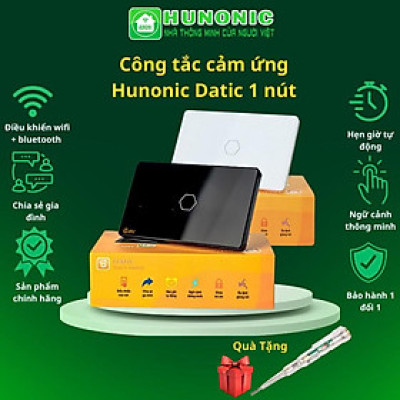Công tắc cảm ứng Hunonic Datic 1 nút kết nối Wifi điều khiển mọi thiết bị từ xa qua điện thoại, 2 màu trắng và đen