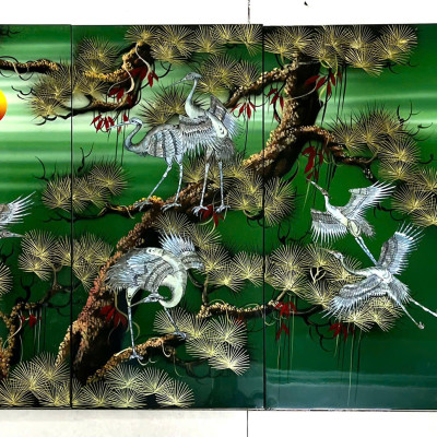 Bộ Tranh sơn mài 4 tấm- TÙNG HẠC DIÊN NIÊN - Khảm cừ size 60x120 cm / hàng cao cấp , xuất khẩu