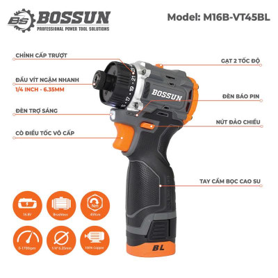 Máy chuyên vít cấp trượt pin BOSSUN 16.8V, lực siết 45n.m, động cơ không thổi than, 23 cấp trượt, pin 4cell