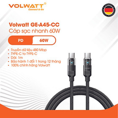 Cáp sạc nhanh 60W Volwatt GE-A45-CC hàng chính hãng - Cáp Type-C to Type-C nam châm từ tính chống rối, có LED, truyền dữ liệu 480Mbps – BH 12 tháng