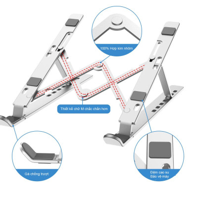 Giá Đỡ Laptop Hợp Kim Nhôm Cao Cấp Có Thể Gấp Gọn - Đế Tản Nhiệt Laptop - Macbook, Máy Tính Xách Tay - 07 Vị Trí Điều Chỉnh Góc Độ - Hàng Chính Hãng - VinBuy