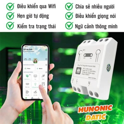 Công Tắc Wifi Hunonic Datic Basic 1 Kênh 500W Bật Tắt Từ Xa Trên Điện Thoại, Ra Lệnh Giọng Nói Tiếng Việt