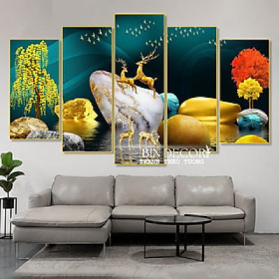 (ẢNH THẬT) Tranh treo tường hươu vàng trên đá cuội bộ 5 tấm bo viền kèm đinh treo