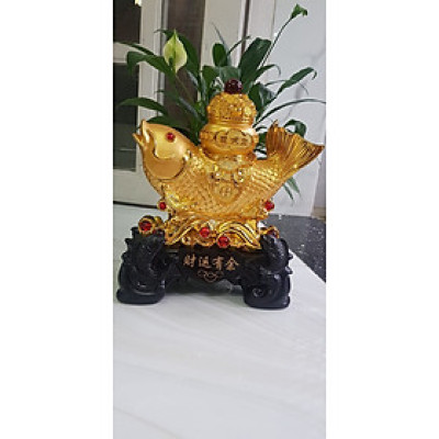 Tượng Cá Chép Phong Thuỷ Vàng to cưỡi Hủ Vàng to Châu Đỏ đỏ May Mắn Tài Lộc trên lưng đế gỗ có 2 cá chép nhỏ ở dưới Cao 36cm x Ngang 24cm x Sâu 15cm mệnh Kim mệnh Thổ mệnh Thuỷ Trưng phòng khách nhà, công ty, quà biếu tặng ý nghĩa ạ