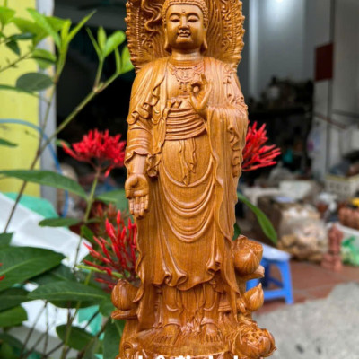 Tượng phật adiđa bằng gỗ bách xanh thơm nức cao 30x11x9cm