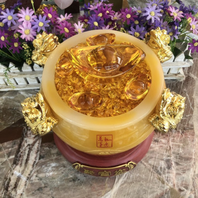 Bát vàng, Bát Tụ Tài, Bát Tụ Bảo đá ngọc cẩm thạch vàng Hút Tài, Hút Lộc, Chiêu tài lộc trang trí bàn thờ ông thần tài thổ địa - Cao 24 cm