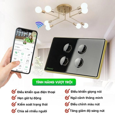 Công Tắc Cảm Ứng Hunonic Premium Hình Chữ Nhật Viền Vàng, Công Tắc Thông Minh Wifi Điều Khiển Từ Xa Bằng Điện Thoại