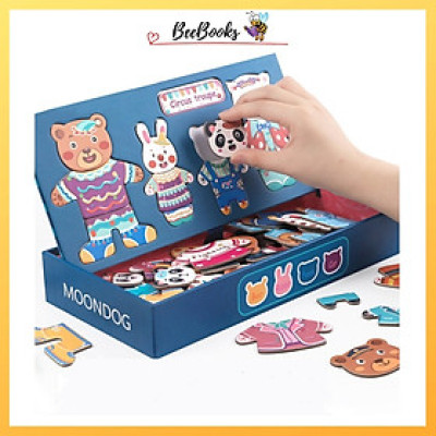 Bộ Đồ Chơi Xếp Hình thay quần áo gia đình nhà Thỏ- Gấu- Động Vật- Chất liệu gỗ, có nam châm