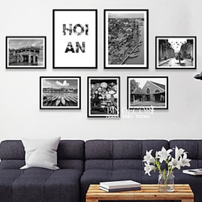 Khung ảnh treo tường hội an trắng đen có sẵn khung kèm đinh treo