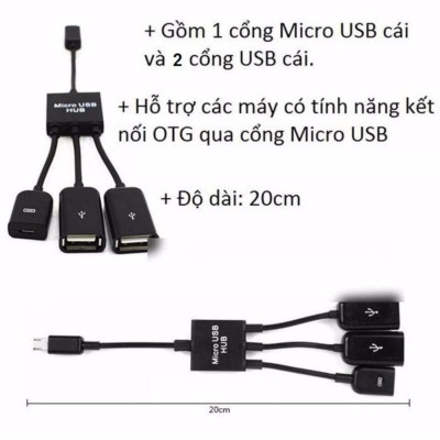 Cáp OTG to USB 2 cổng hỗ trợ sạc nguồn cho Điện thoại