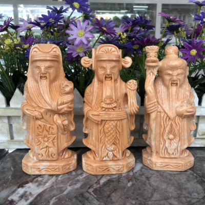 Bộ tượng Tam Đa Phúc Lộc Thọ phong thủy đá cẩm thạch vàng cà rốt - Cao 15 cm