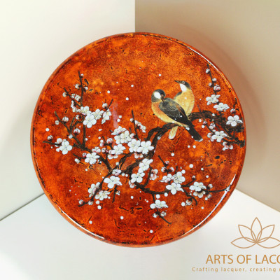 Hộp Trang Điểm Tròn Sơn Mài Hoa Mai Trắng và Chim Hổ Phách