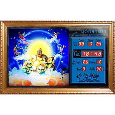 Đồng hồ Lịch Vạn Niên tranh đèn treo tường hiệu Cát Tường_tranh Phật Di Lặc 55638_KT 55x35x7cm_Có 2 loại (Không remote đèn và Có remote đèn)