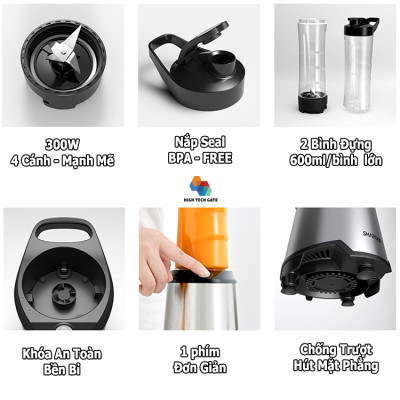 Máy xay sinh tố Shardor PB615B mix and go, tích hợp 2 bình du lịch kiêm nắp chống rò rỉ, mang theo mọi nơi, hàng chính hãng