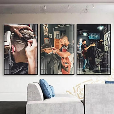 (HCM)Tranh treo tường salon tóc nam bộ 3 tấm có khung kèm đinh treo