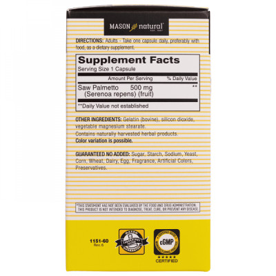 Mason Natural Saw Palmetto 500mg – Hỗ trợ điều trị phì đại tiền liệt tuyến hộp 60 viên