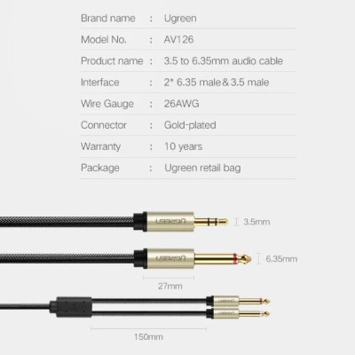 Ugreen UG40794AV126TK 5M Màu Đen Cáp âm thanh 2 đầu 6.5mm dương sang 3.5mm dương cao cấp - HÀNG CHÍNH HÃNG