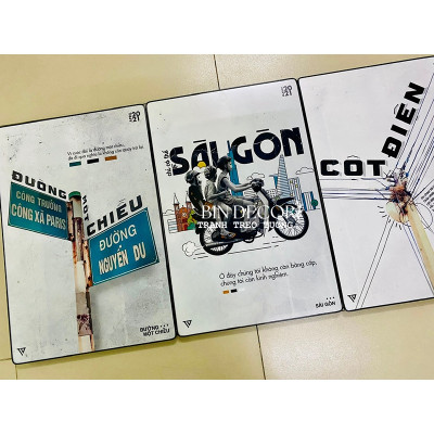 (ẢNH THẬT) Tranh treo tường sài gòn trong tôi bộ 3 tấm trang trí decor quán kèm đinh