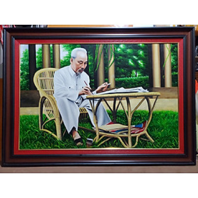 Tranh vẽ sơn dầu Chủ tịch Hồ Chí Minh ngồi làm việc trong vườn hoa phủ chủ tịch